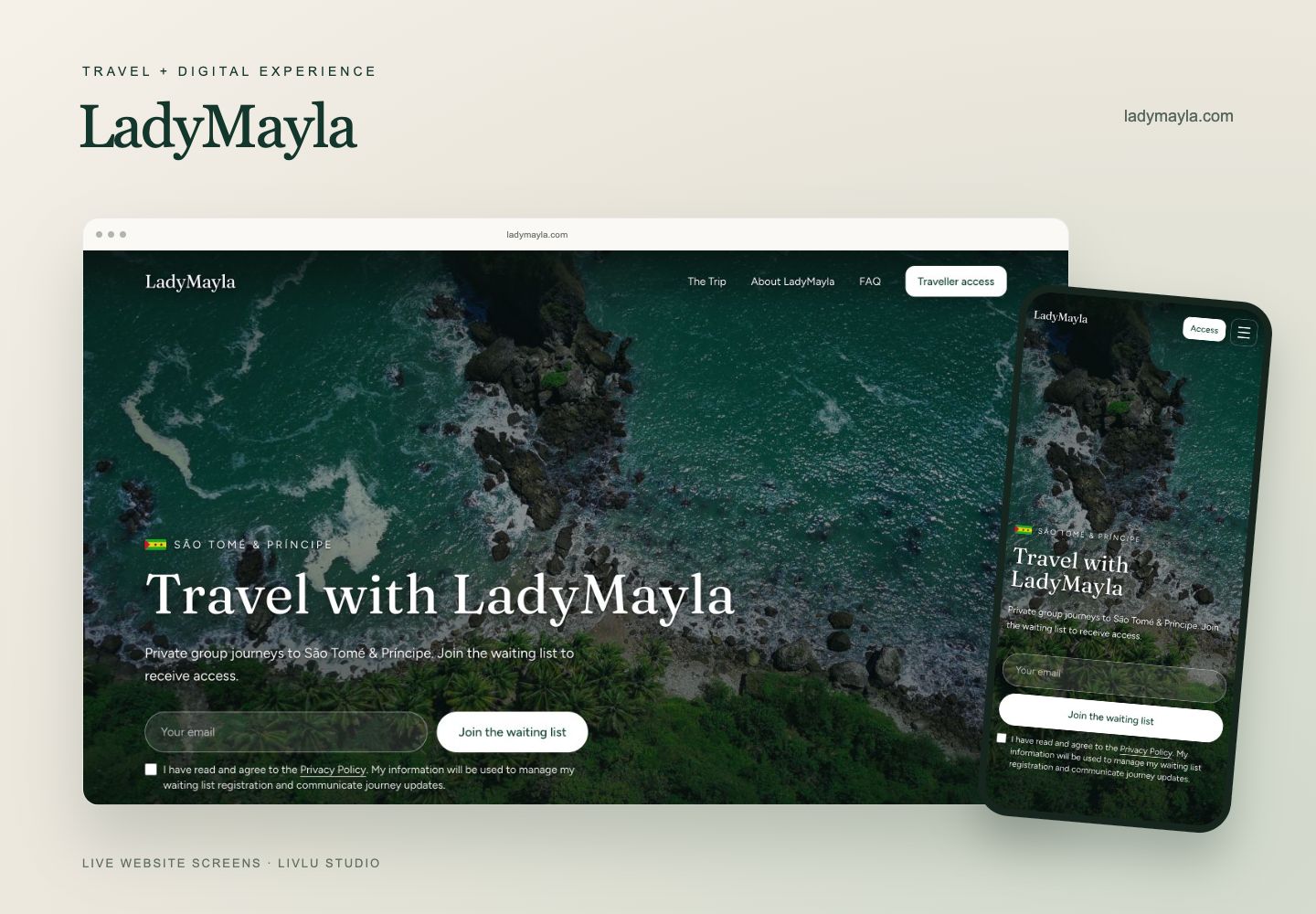 LadyMayla live website shown on desktop and mobile