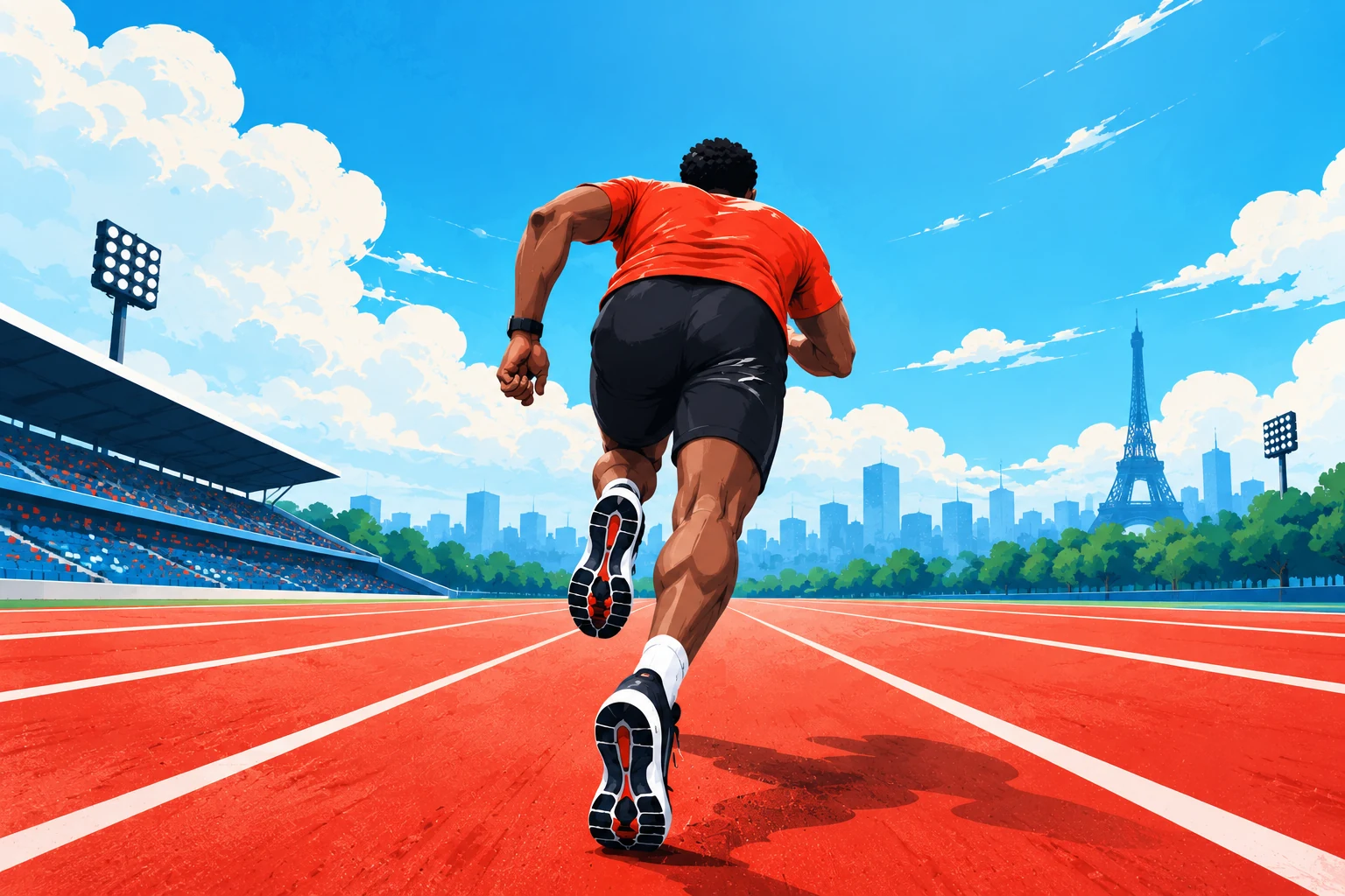 A runner accelerating on a red track in Paris