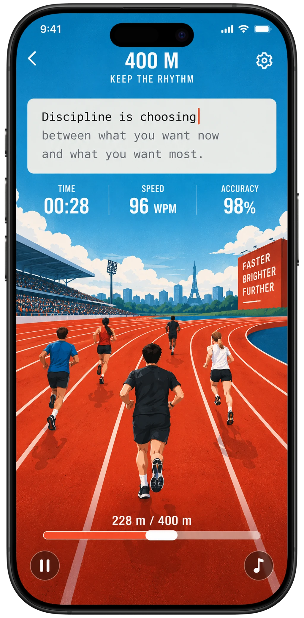 400 metre race showing typing speed and accuracy